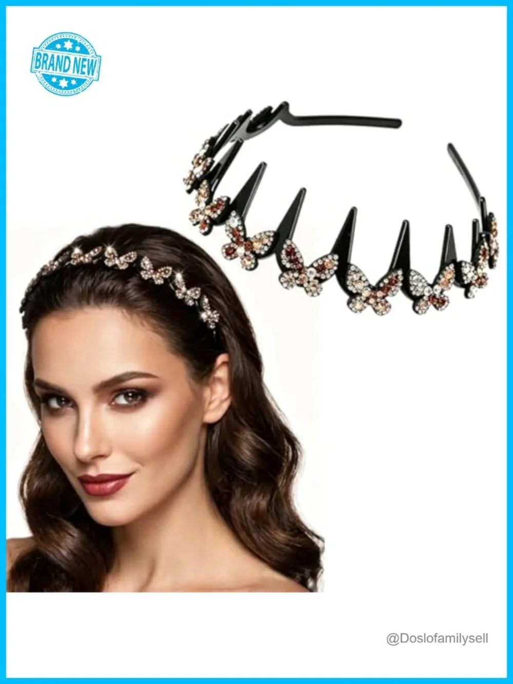 Butterfly Crystal Headband Non Slip with Teeth Rhinestone Fashion Hair Accessory
